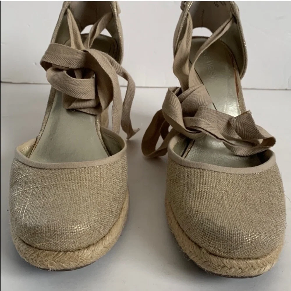 Nine West Golano Ankle Wrap Espadrille Wedge Sandals Metallic Gold